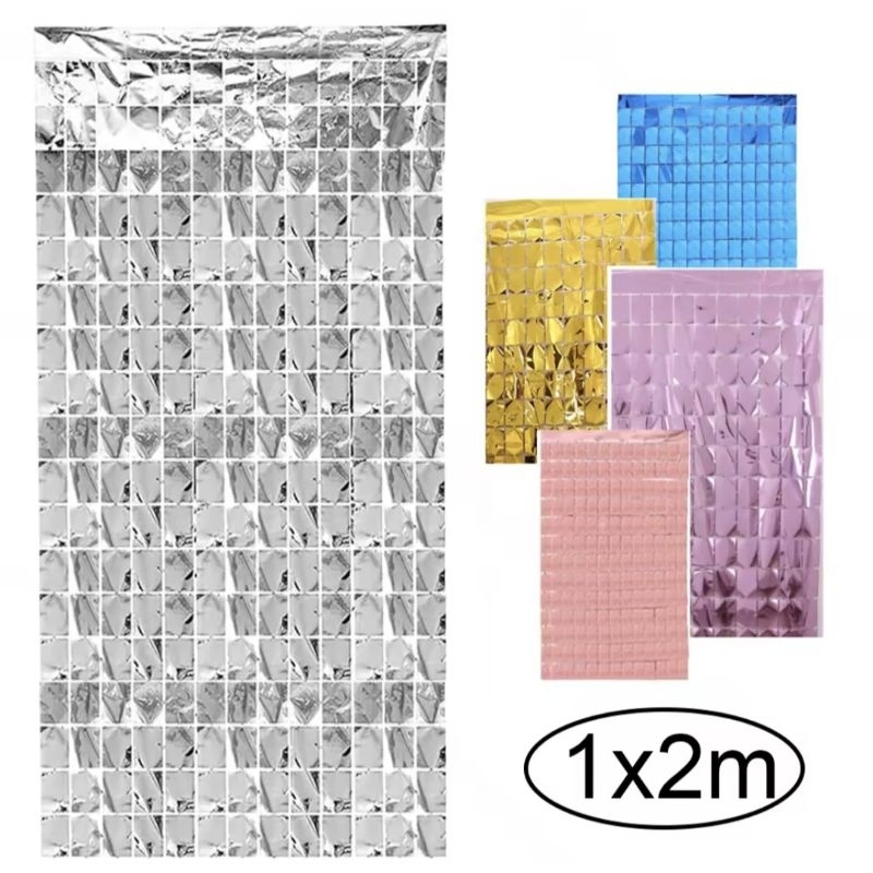 Tirai Foil Rumbai Kotak Backdrop Curtain Fringe Dekorasi Pesta Ulang Tahun Wedding Anniversary Photo