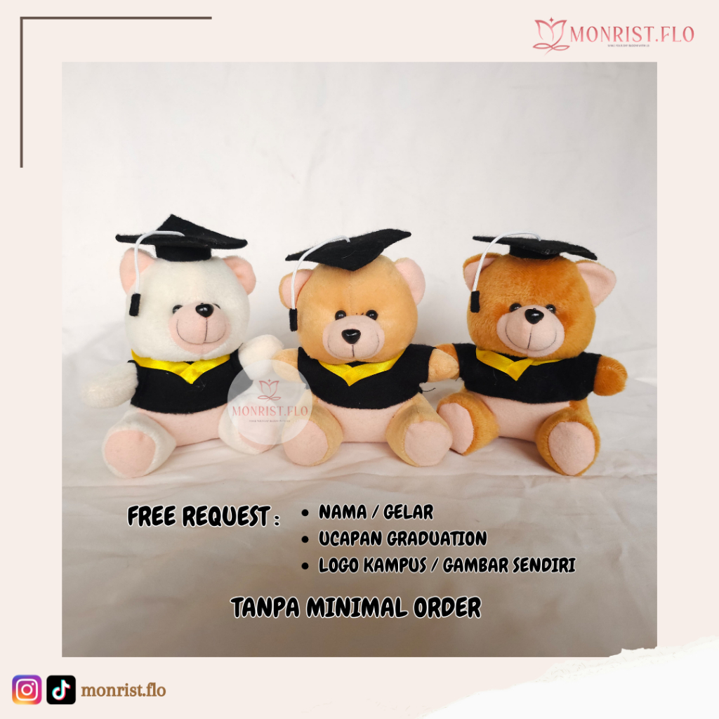 Monrist Flo - Boneka Teddy Wisuda Free Request / Gratis Custom Nama Gelar Logo Kampus Cute Bear Doll
