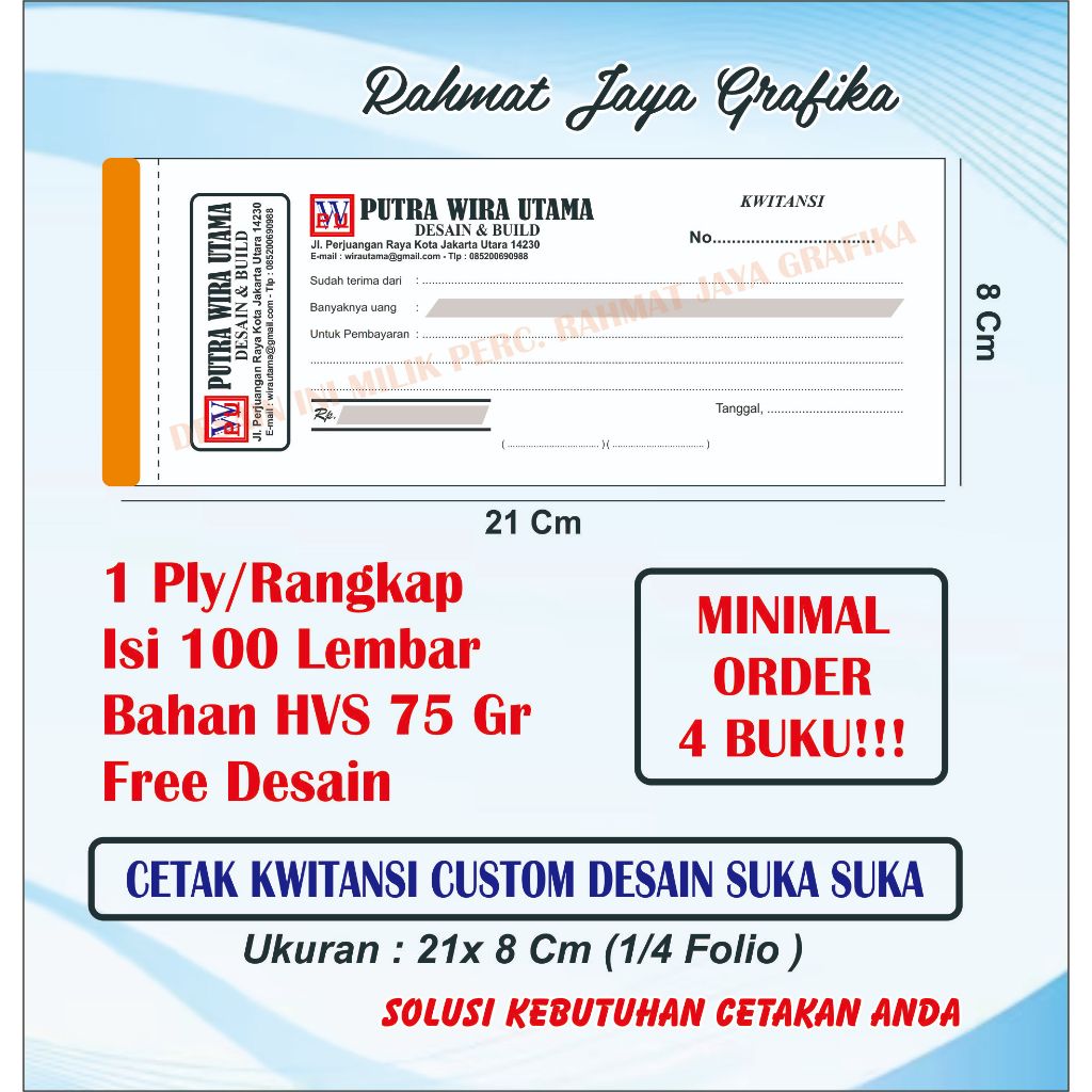 

Cetak Kwitansi Custom Nama sendiri 1ply isi 100 lembar gratis desain murah rahmat jaya grafika