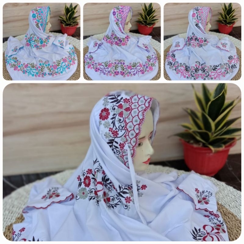 Mukena Minang Motif Melati/ Mukena Pondok/ Mukena Bordir Kepala/ Mukena Terusan/ Mukena Motif Bordir