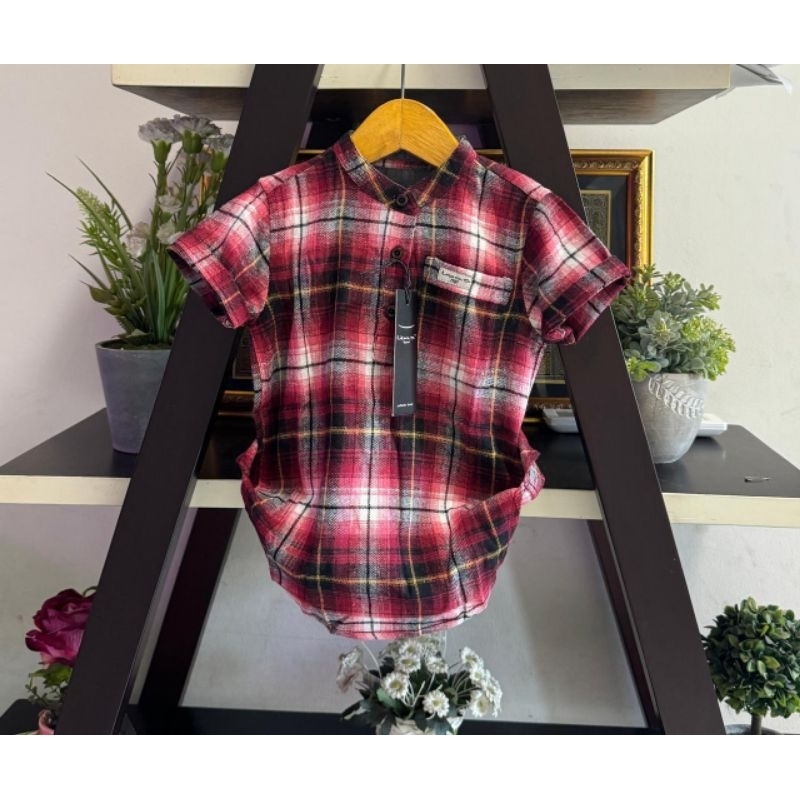 Fashion Anak Laki-laki Kurta Lengan Pendek Motif Kotak-kotak Kombinasi Polos