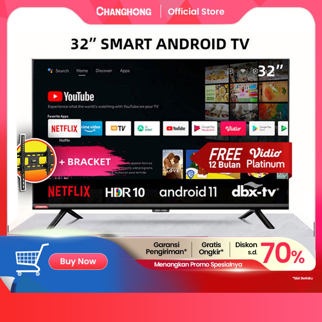 Changhong 32 Inch Newest Android 11 Frameless Smart TV Digital Neflix LED TV-L32G7N-Garansi 3  Resmi