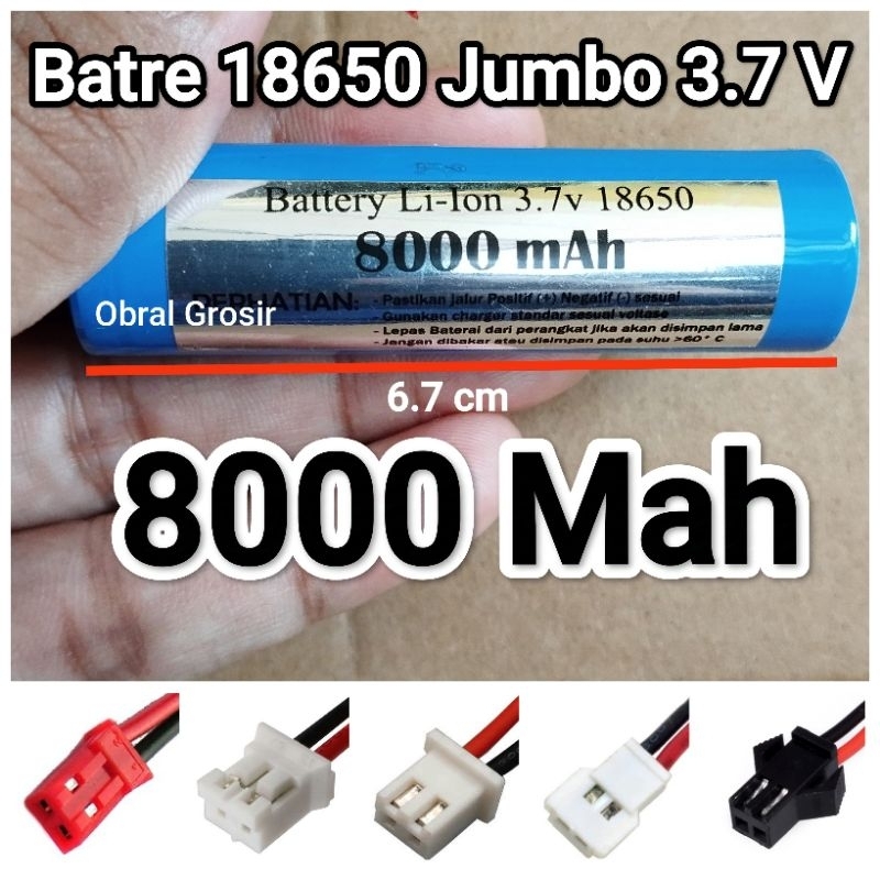 Batre 18650 Jumbo 3.7volt soket 2 pin JST SM XH PH LOSI batre isi ulang rechargeable RC elektronik s