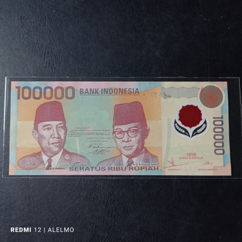 uang polimer plastik kuno 100000 sukarno hatta tahun 1999 seperti baru asli