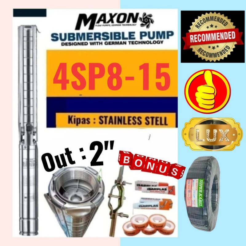 Pompa satelit STAINLESS 4inch MAXON 3Hp 3Phase 380v 4SP8/15 Debit 8 M³/jam Plus SET Kabel 100 Meter 