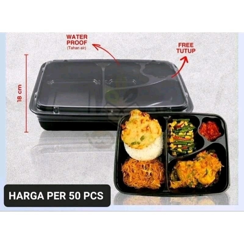 50pcs Mika Bento 4 Sekat dengan Tutup - Wadah Nasi Bento dan Tray Bento - Hitam, Kitchenware