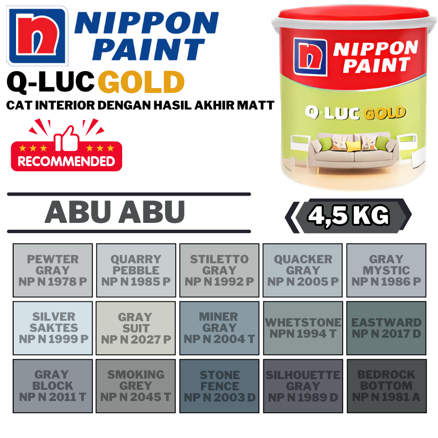 NIPPON Q-LUC GOLD 4,5KG WARNA ABU ABU Q LUC CAT TEMBOK WARNA GREY 4,5KG QLUC GOLD