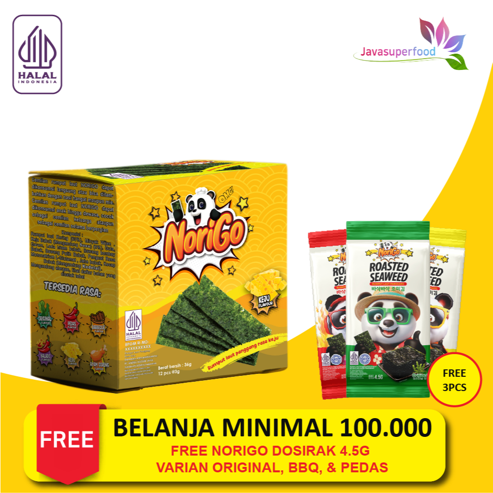 

[Halal] Norigo Cemilan (1 BOX ISI 12 PCS) / Nori Sachet Seaweed Snack 3g / Rumput Laut Rasa Keju