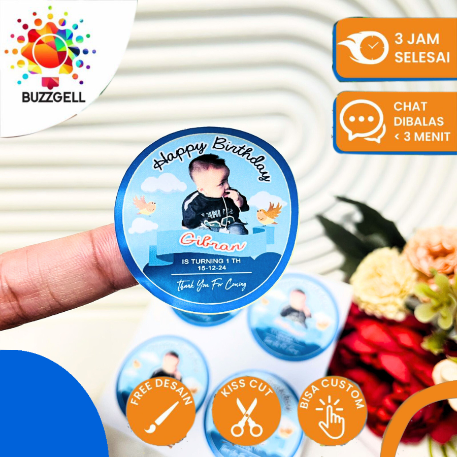 

9-15 Buzzgell Sticker Ulang Tahun Anak Vinyl Anti Air Stiker Label Undangan Happy Birthday Uk.Besar