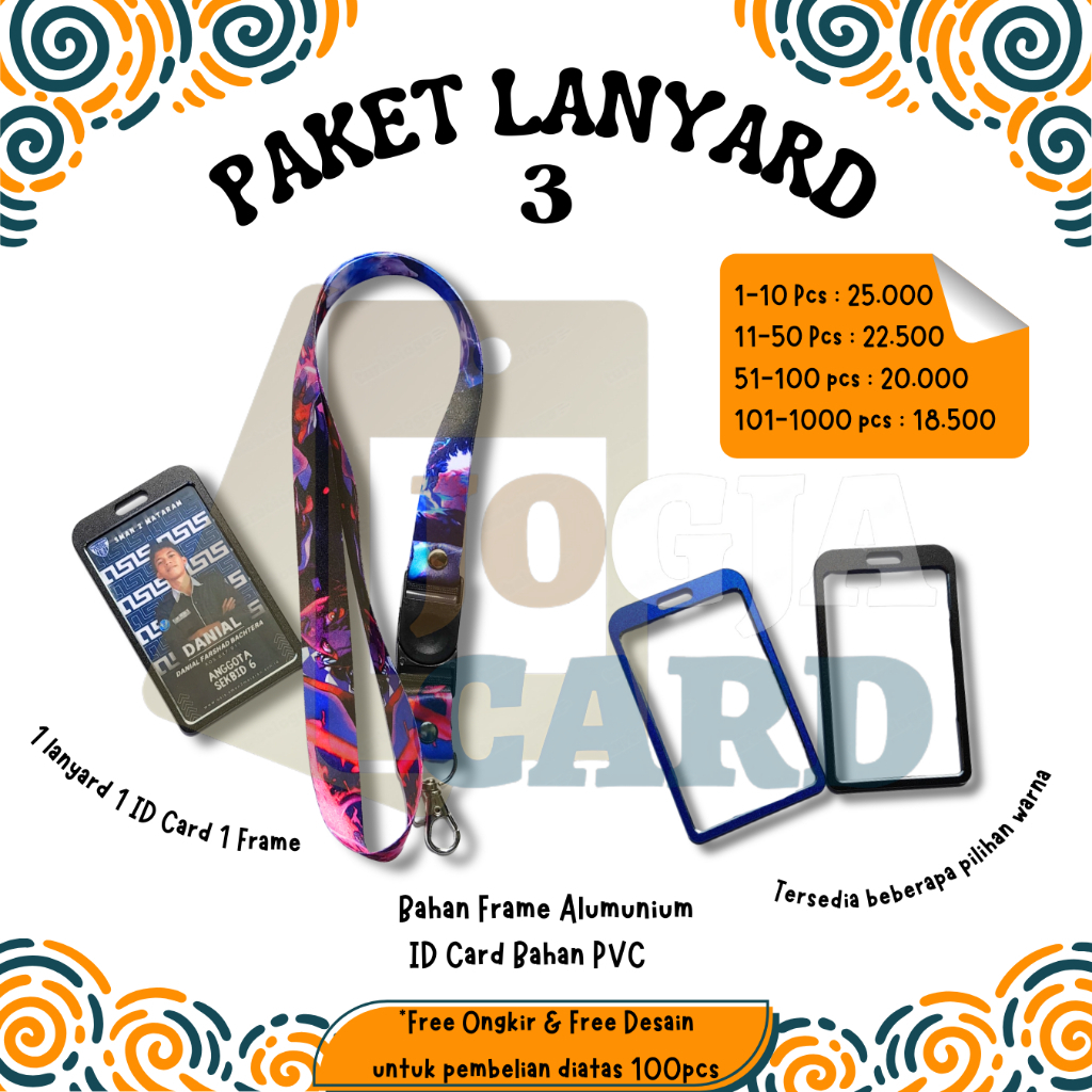 

PAKET LANYARD 2 cm + ID Card + Frame Holder Metal (bahan alumunium) 2 sisi, TALI TISSUE ID Card PVC