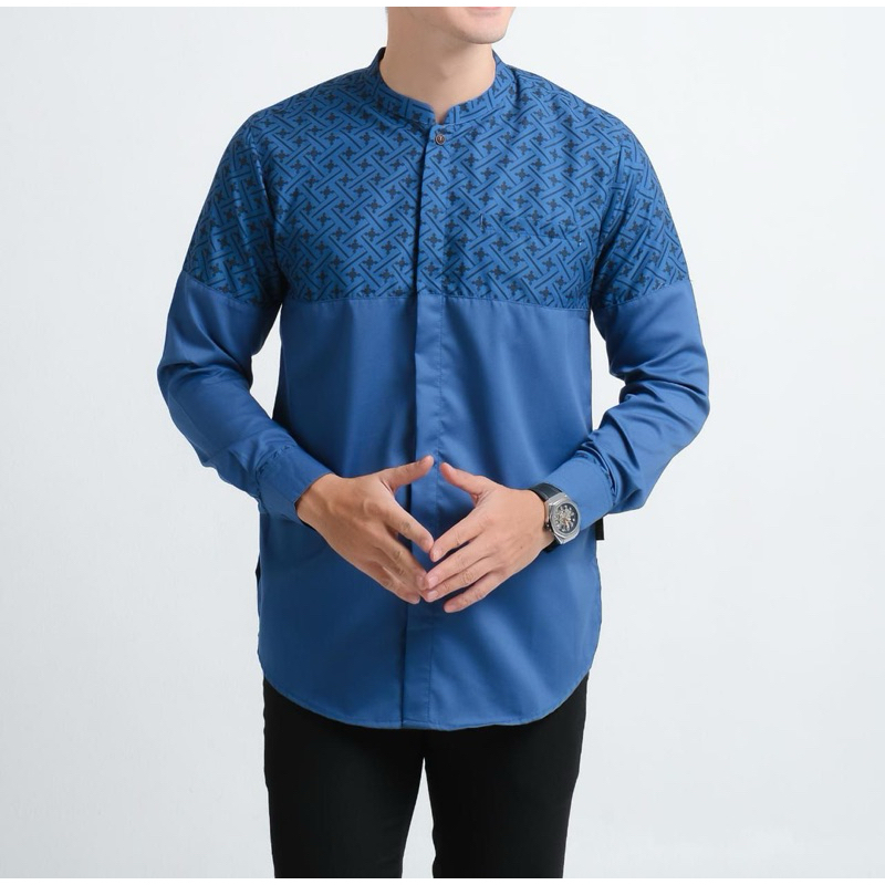 Baju Muslim Koko Kemko Pria Lengan Panjang Motif Hz Bahan toyobo premium Warna Maron Denim Mocca Hit