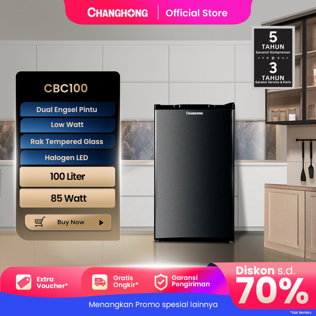 Changhong Kulkas 1 pintu (Refrigerator) Lemari Es Kapasitas 100 Liter – Black CBC 100 (Semi Auto-Def