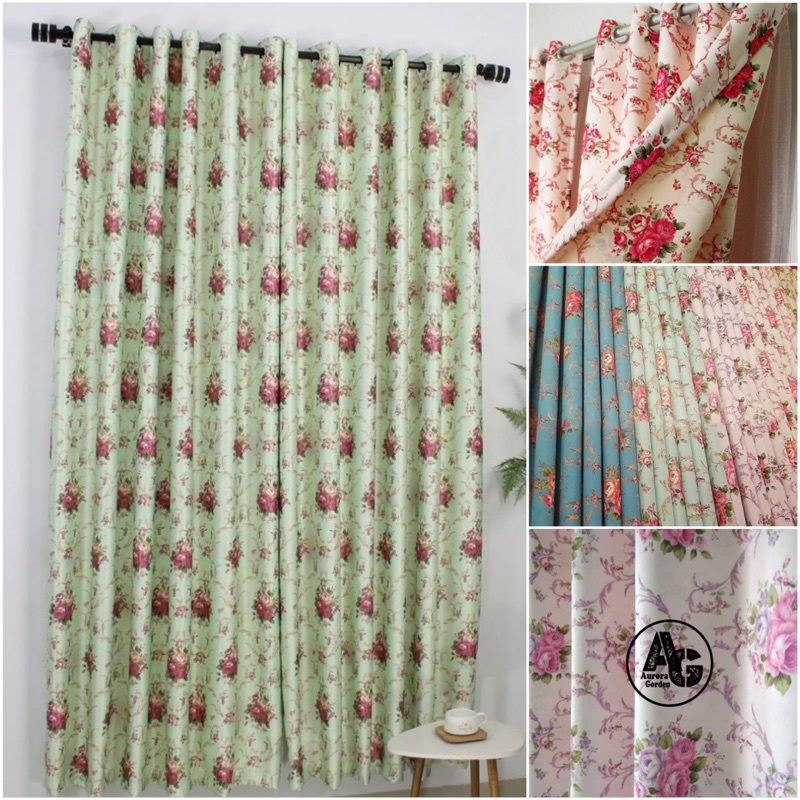 Gorden Blackout Shabby Sakura Motif Bunga Bolak Balik Tirai Gorden