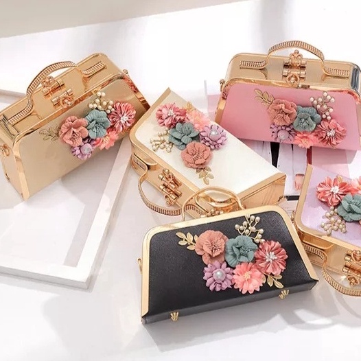 Recomended Tas Pesta Cantik Mewah Tali Rantai Flower Fabric Tas Pesta Mewah Kondangan Murah Elegan G