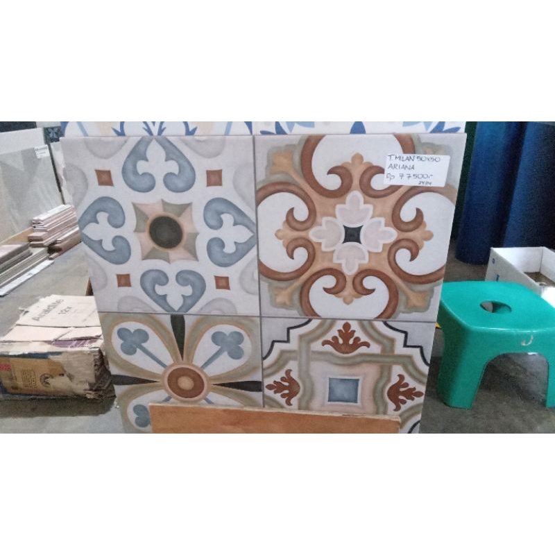 keramik lantai kamar mandi teras garasi dapur rumah merk MILAN 50x50 ARIANA motif tegel batik random