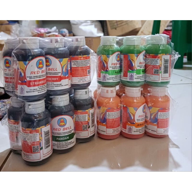 

Perisai Perasa dan pewarna Bahan pangan RED BELL, Jeruk Keprok, Pandan, Strawberry, Melon, Dark Chocolate untuk makanan dan minuman