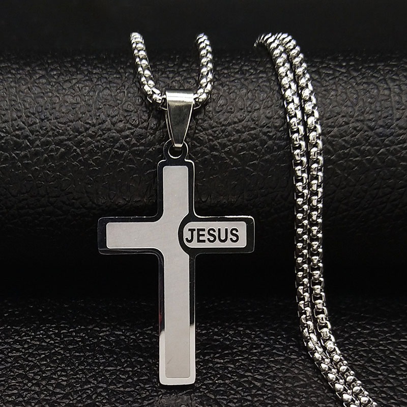 Kalung Salib Tulisan Jesus Silver / Kalung Rantai Liontin Salib Minimalis Simple / Kalung Salib Yesu