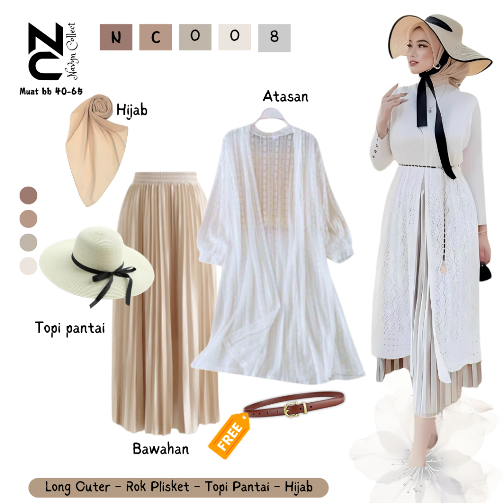 OOTD One set Pantai Viral Kekinian(long outer+rok plisket premium+topi pantai+hijab bella square) NC