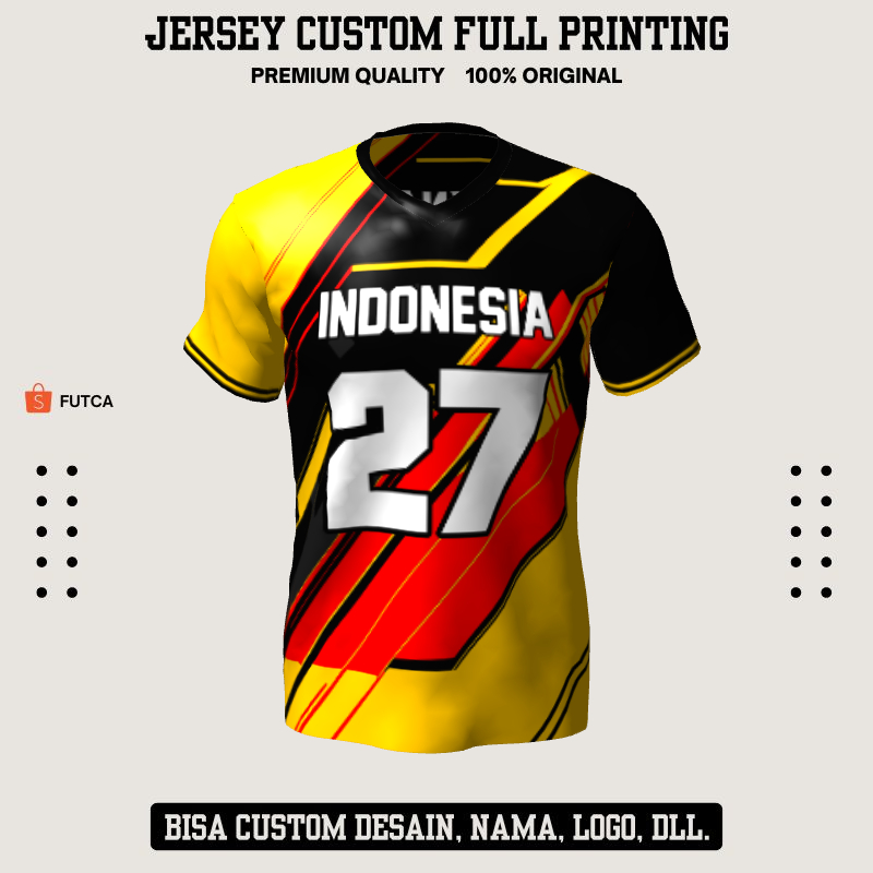 Kaos Jersey Casual Full Printing - Jersey Futsal Retro Vintage Hitam Merah Kuning Motif Abstrak 496