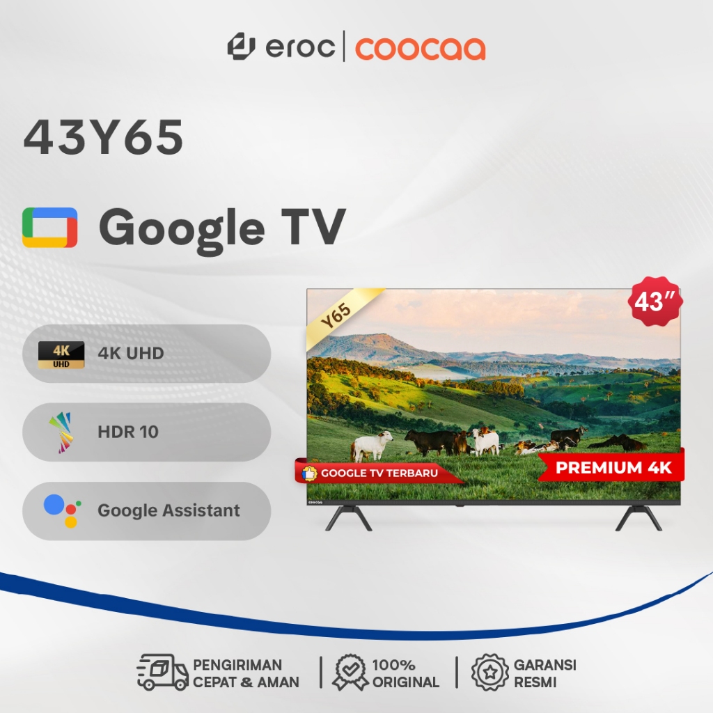 COOCAA 43 inch GOOGLE TV 4K UHD Dolby Audio  Eye Care  HDR10  Find Remote - 43Y65