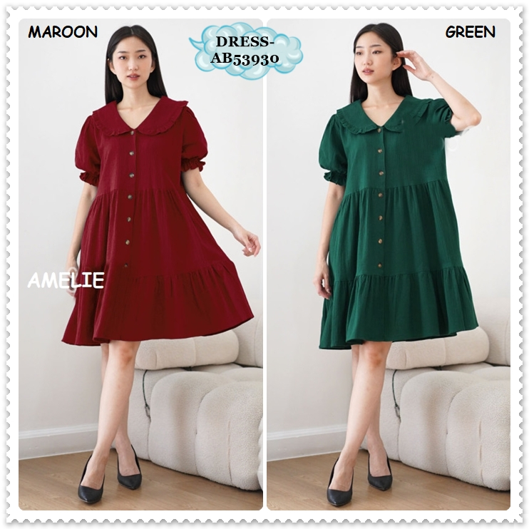 AB53930 Mini Dress Kemeja Lengan Pendek Pesta Imlek Sincia CNY Wanita Korea Import Merah Red Maroon 