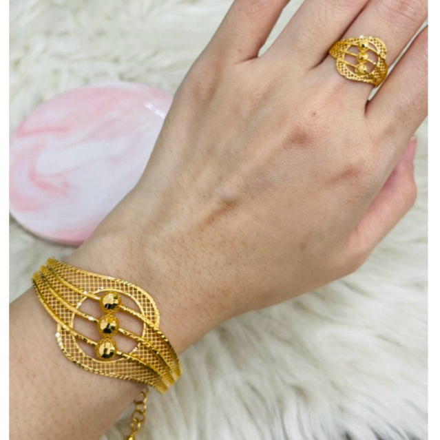 gelang plus cincin kerawang bulat triple terbaru emas asli kadar 700