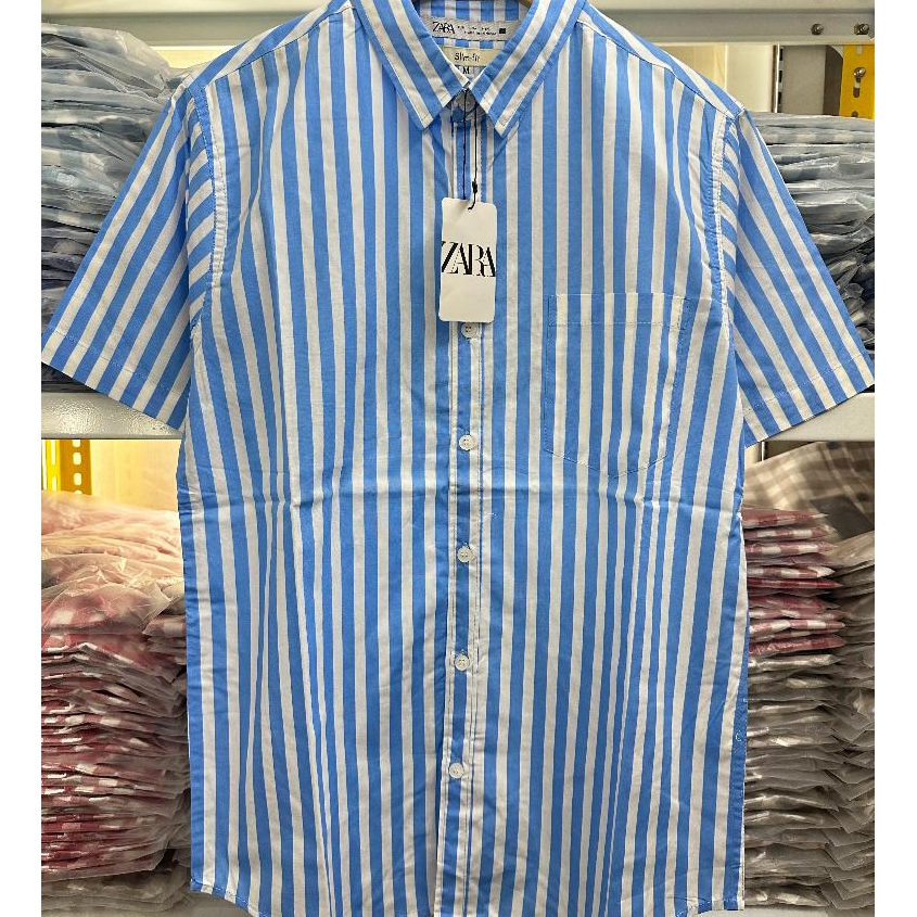 Kemeja Pria ZARA Motif Stripe Full Catton / Kemeja Lengan Pendek Santai Pria / Kemeja Salur New Mode