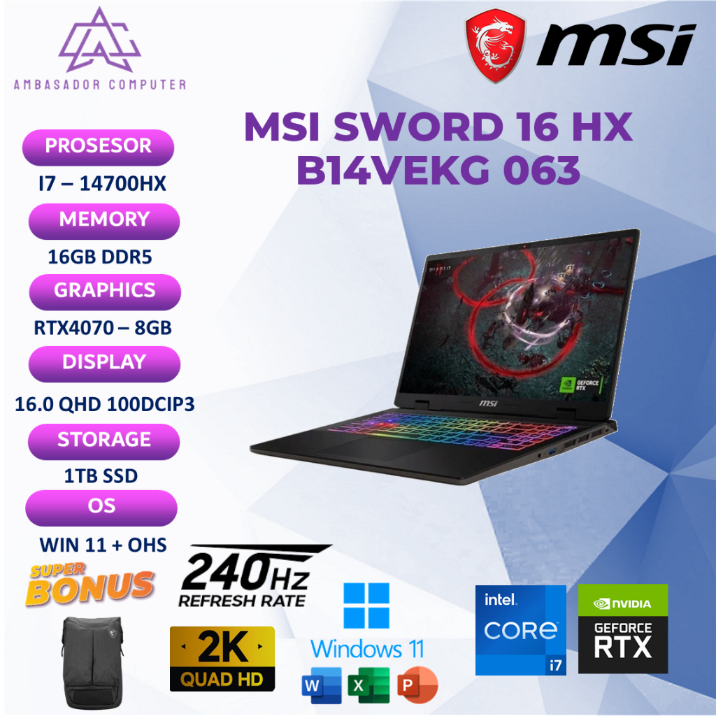 Msi Sword 16 HX B14VGKG 063 i7 14700HX RTX4070 8GB 16GB 1TB windows11 OHS QHD+ 240Hz