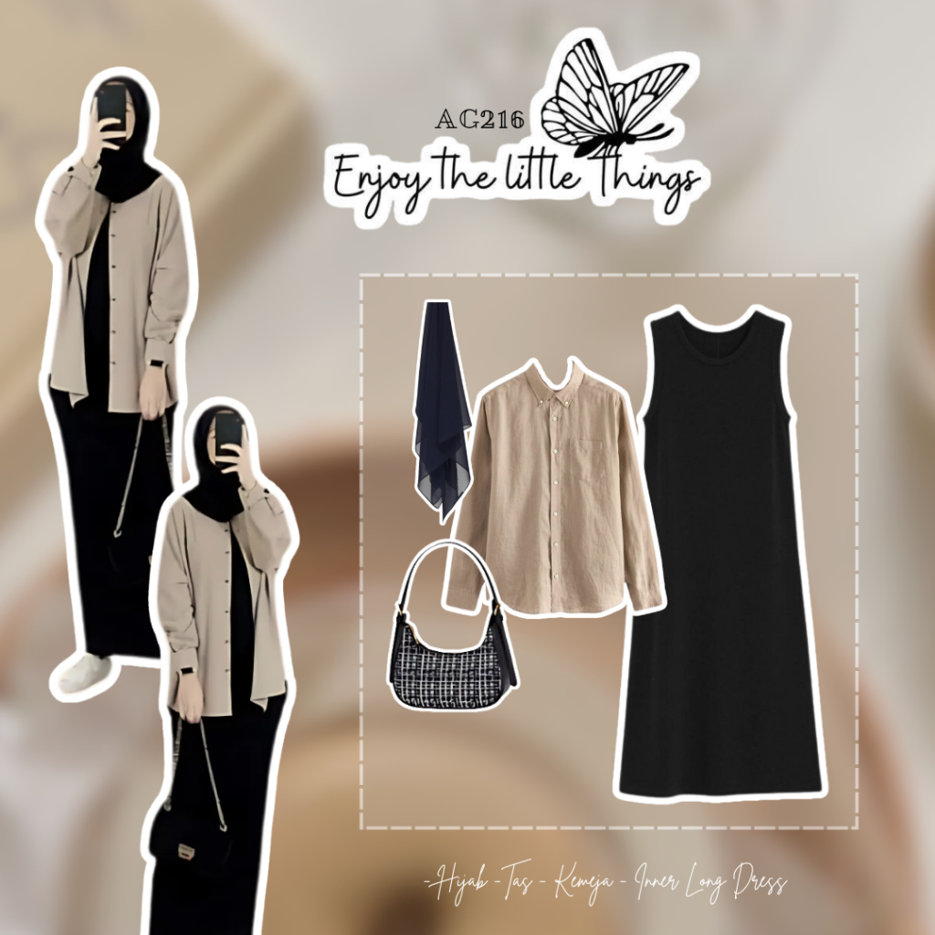 OOTD Korean Style Lilydresses 4in1 Set Outfit Set Hijab | Kemeja + Inner Dress + Hijab + Tas | Outfi