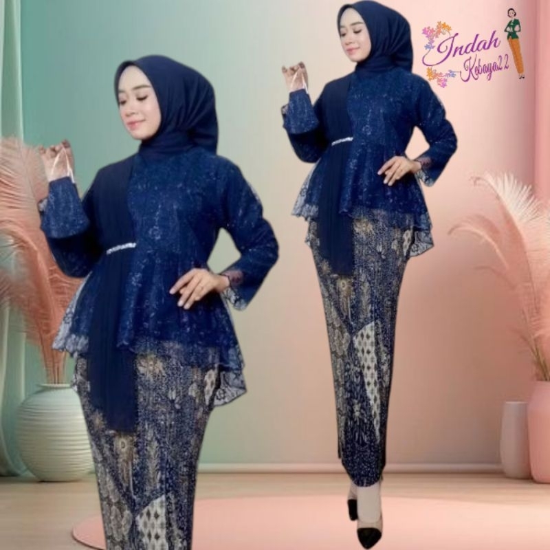 Setelan Kebaya Modern Aurora Selendang Brokat Tile Mutiara Baju Dress Atasan Wanita Remaja Kondangan