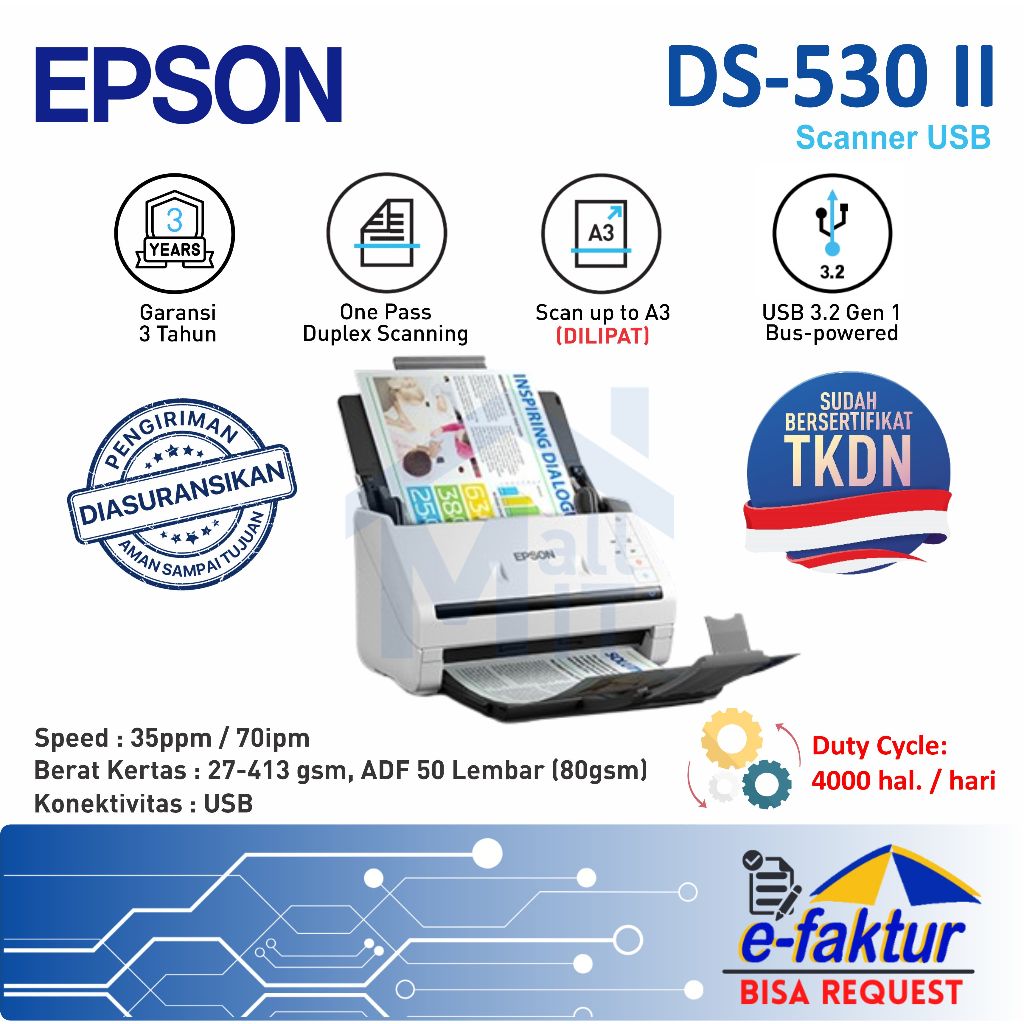 MALLIT EPSON Scanner Epson DS-530II DS-530 II DS530II DS530 II DS 530 II A3 USB Cepat Garansi Resmi 