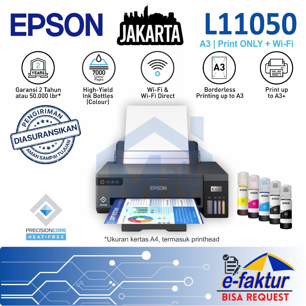 MALLIT EPSON Printer Epson L11050 L-11050 L 11050 Pengganti Epson L1300 L-1300 Print Only A3+ Resmi