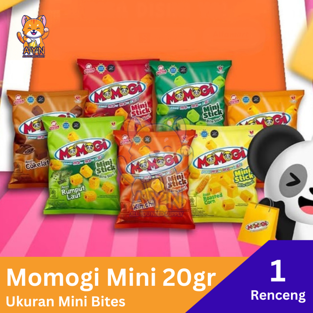 

Momogi Mini Stick / Star Bites / Love Heart / Twist Rosted Corn 20 gram 1 Renceng isi 5 pcs