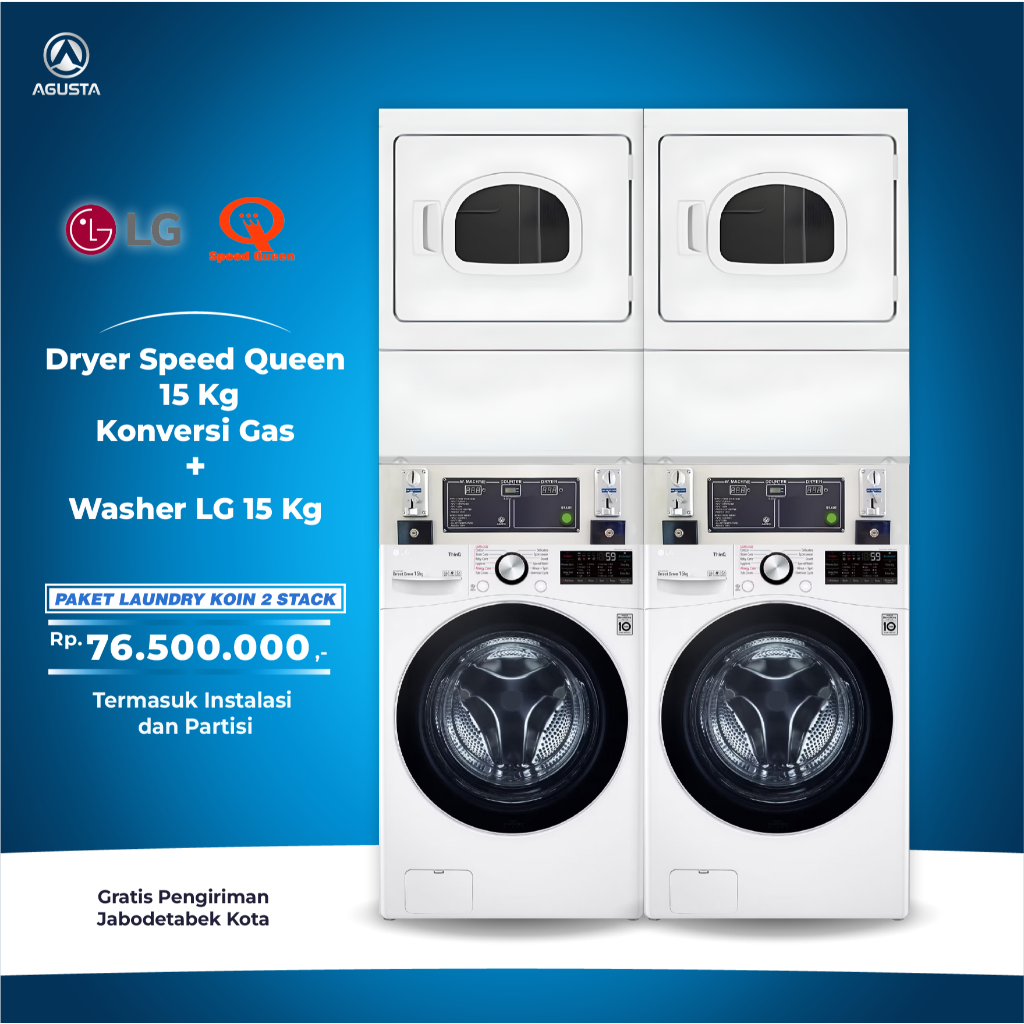 Paket Mesin Laundry 2 Stack Mesin Cuci LG 15 kg & Pengering Speed Queen 15 kg