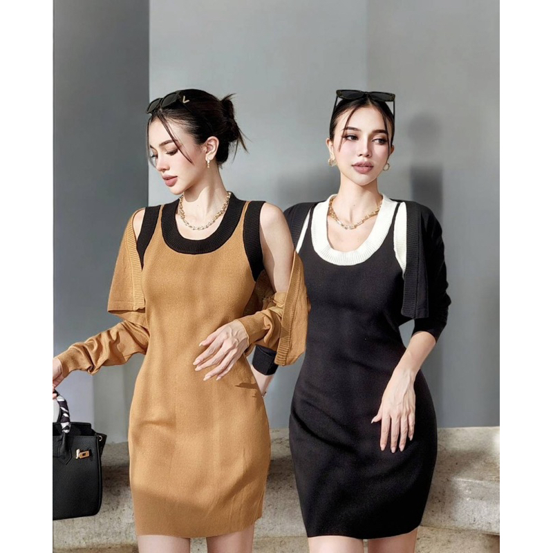 Diva Korea Set | One Set Dress + Cardigan Rajut Lengan Panjang | CottonCandy Import Bangkok