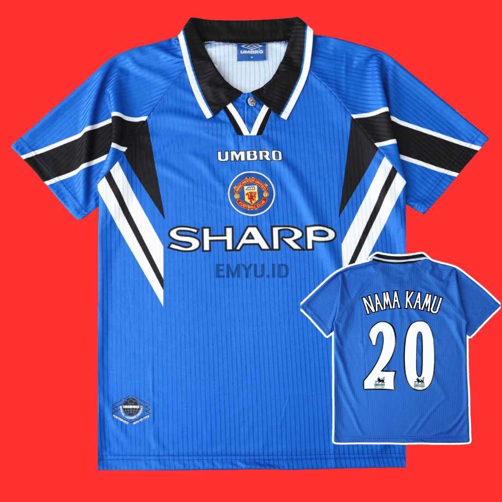 Jersey MU retro 1996 1997 1998 Away Biru Baju Bola Manchester United Emyu Vintage Emyuid