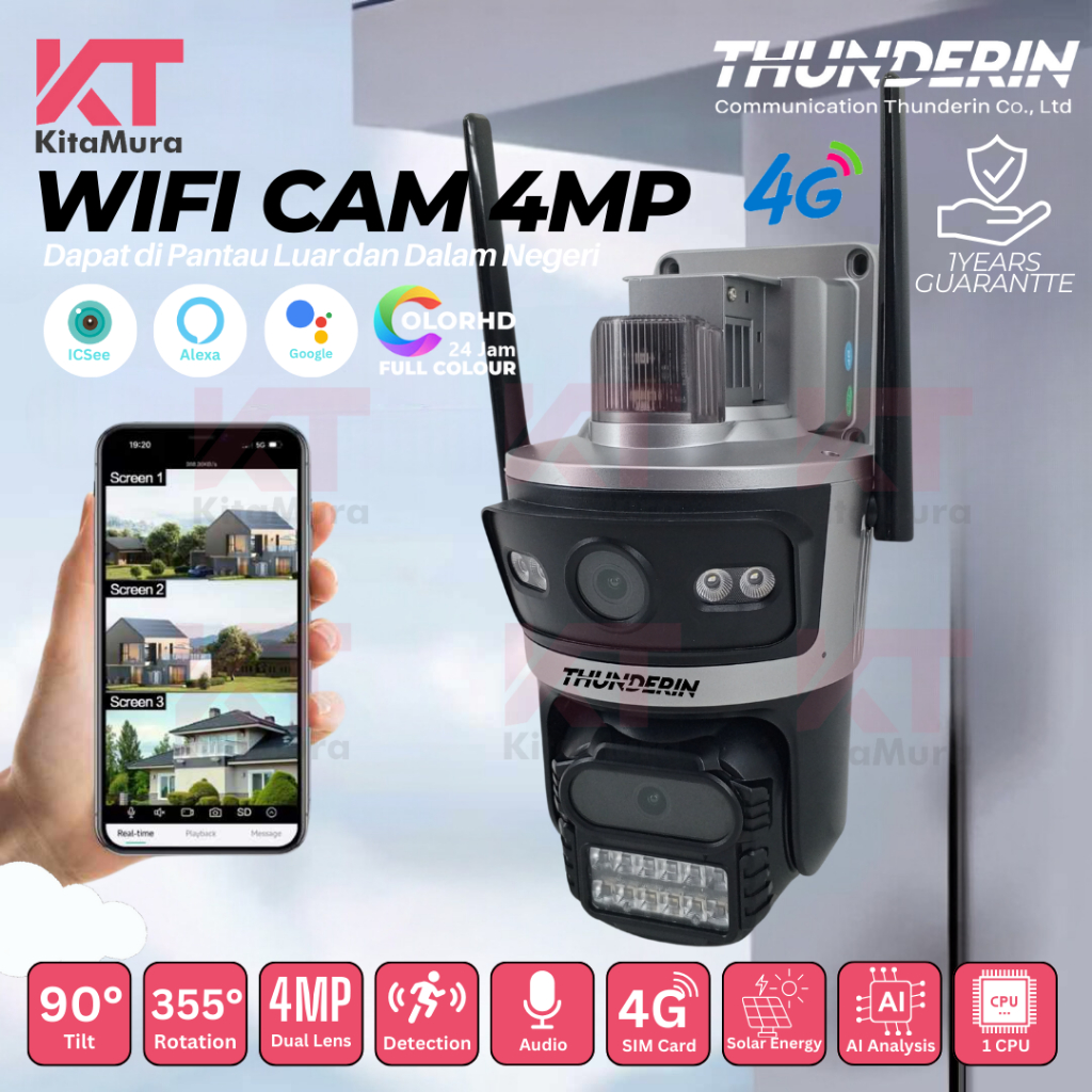 Thunderin PTZ IP WIFI Dual Camera Solar Panel , Smart Camera 2Mp CCTV ICSEE Two Away Audio Alarm CCT