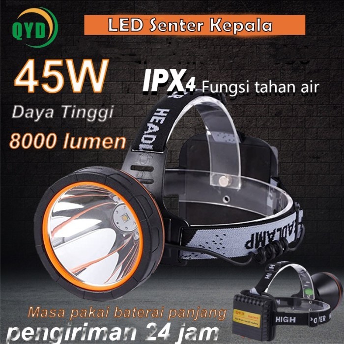 QYD Senter Kepala LED Q8801S 45Watt Super Terang IPx4 Tahan Air Headlamp