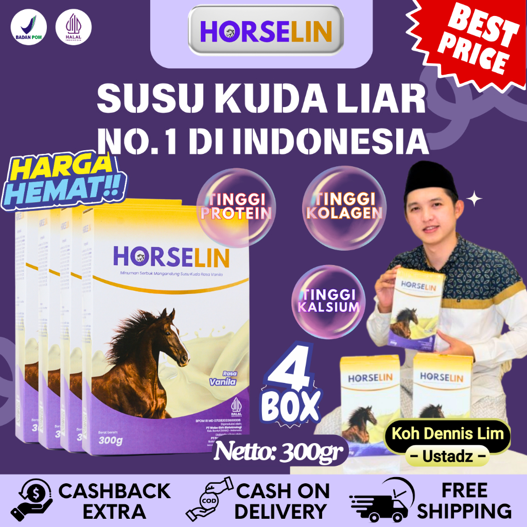 

HORSELIN 4 BOX - Susu Kuda Premium Susu Terapi Nyeri Sendi Terbaik Atasi Asam Urat dan Rematik 300GR