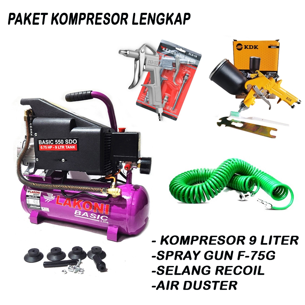 ready PAKET LAKONI Kompresor Angin Portable Oilless 1 HP 9 LITER Mini Air Compressor Udara + Spray
