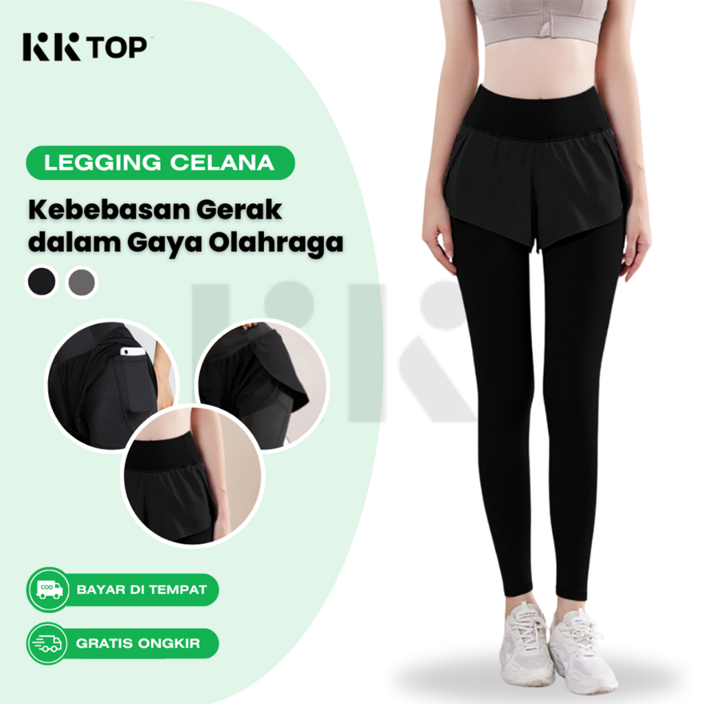 KKTOP Legging Celana 2 in 1 Olahraga Wanita High Waist Polos Gym Bersepeda Yoga Sport (C006)