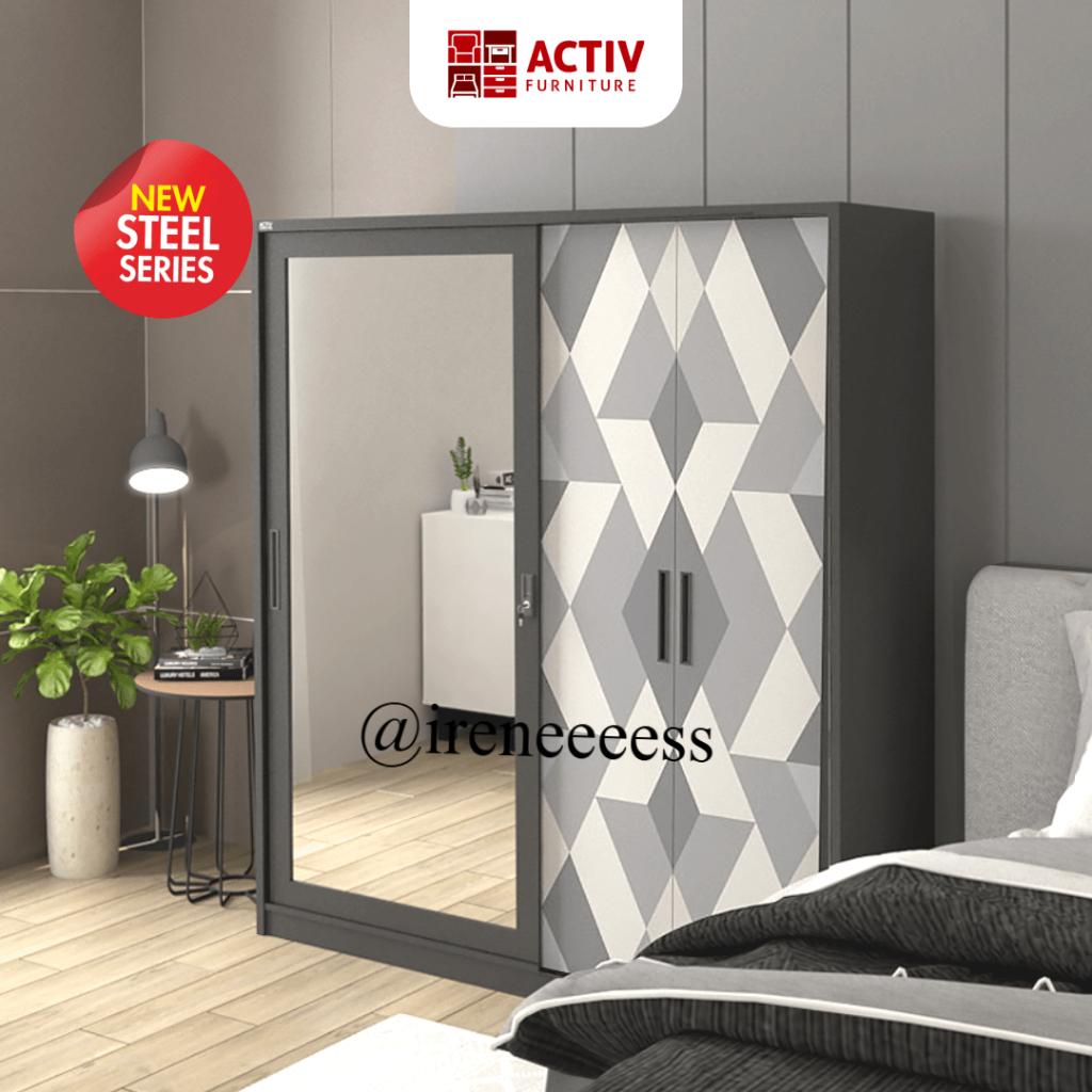 [ LEMARI JUMBO ] LEMARI PAKAIAN SLIDING + SWING PLAT BESI PANJANG 160 CM 3 PINTU WARNA HITAM MOTIF M