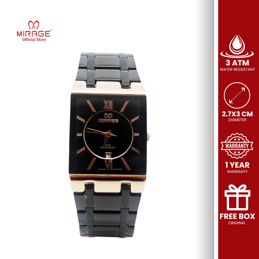 Mirage Analog Jam Tangan Pria Original Segi Tahan Air Anti Karat Garansi 7908 M Hitam Rosegold