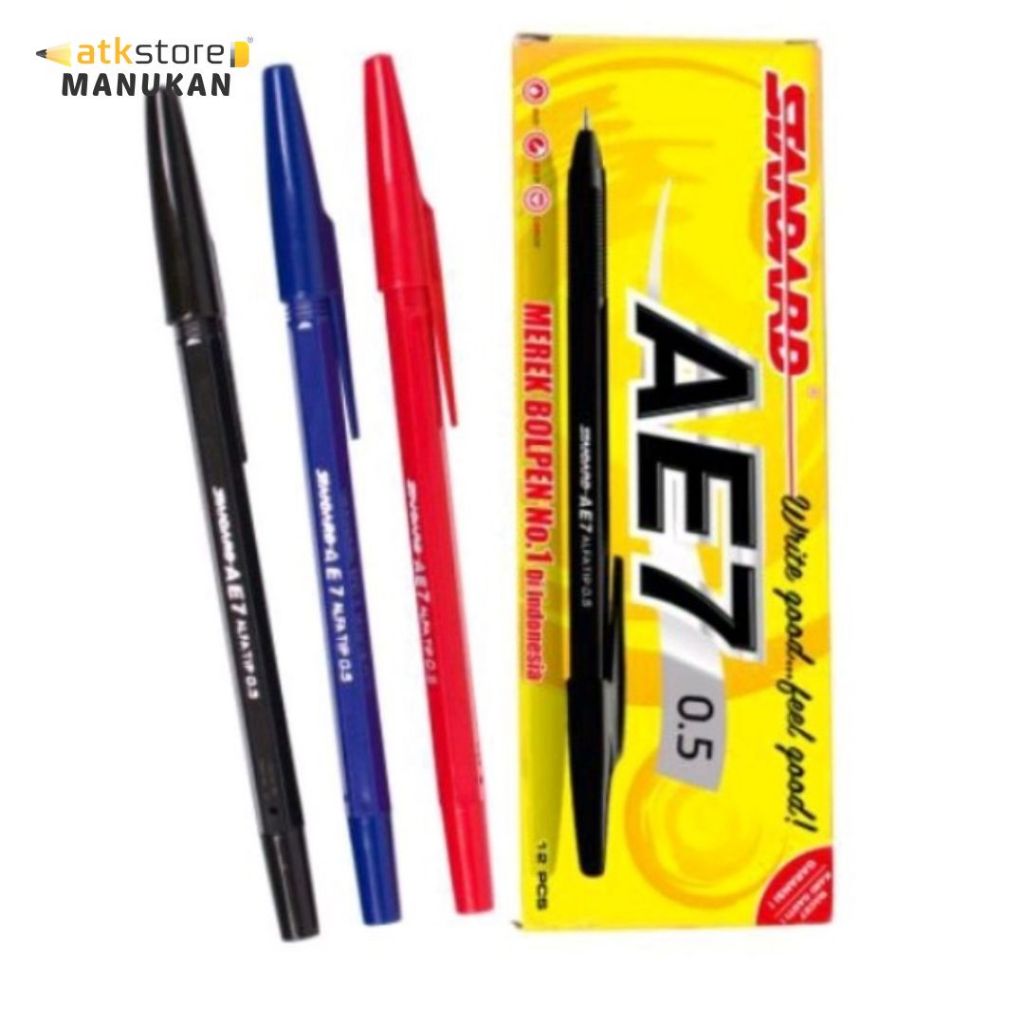 

STANDARD AE7 Pen Bolpoin 0.5mm Jarum – 1 Pack Isi 12 Pcs (Hitam, Biru, Merah)