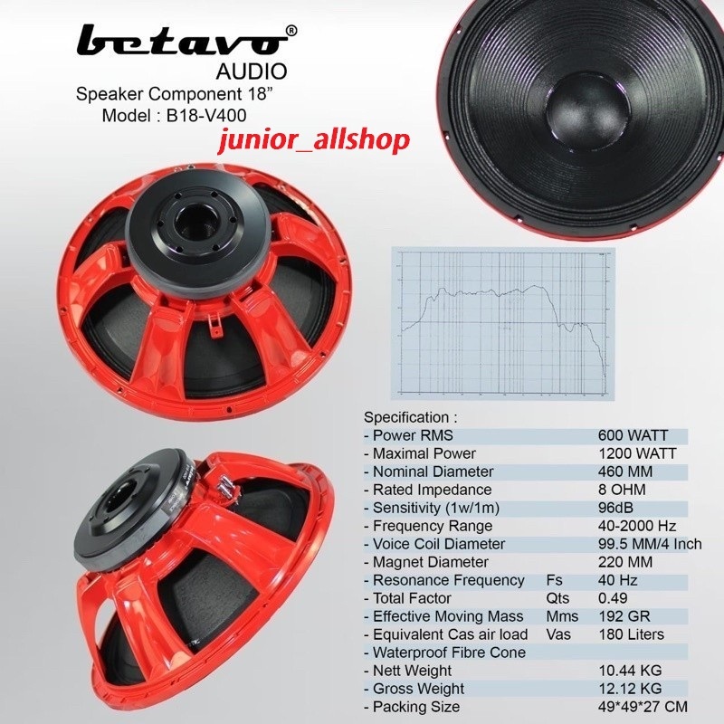 Speaker Component BETAVO B18-V400 - Speaker Komponen 18 Inch /Coil 4 Inch / 1000 - 2000 Watt
