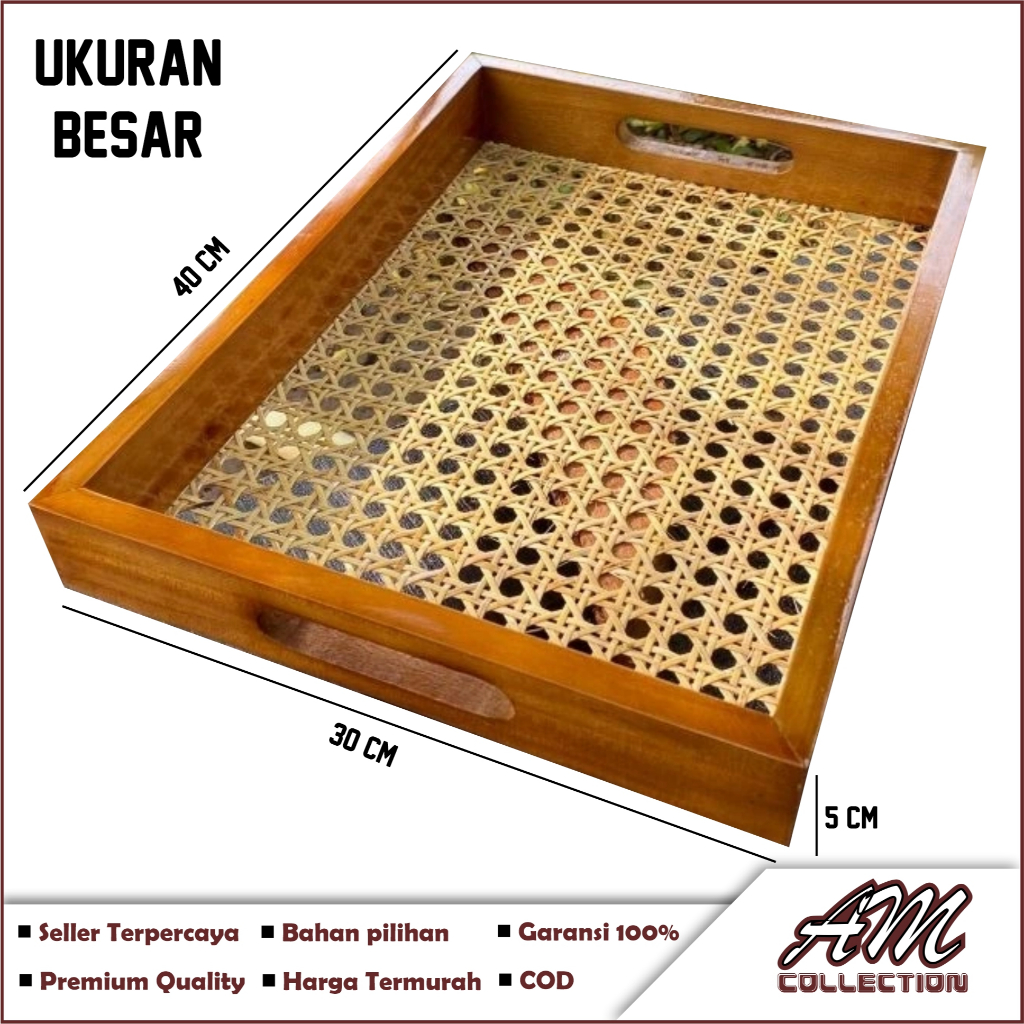 Nampan Baki Kayu Jati & Rotan Besar, Sedang,Kecil / Baki kayu rotan / Nampan anyaman rotan termurah
