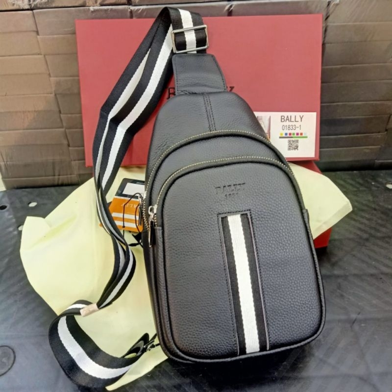 Bodybag Kulit Bally Logo list hitam putih slingbag tas selempang kulit