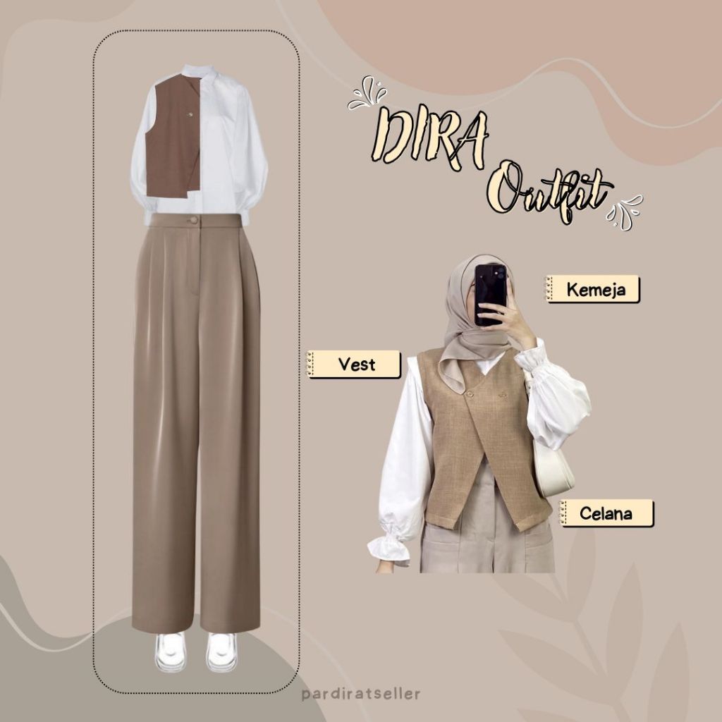 DR 435 - outfit dira blouse shakilla lengan balon putih vest kerja milo dan celana loose pants polye