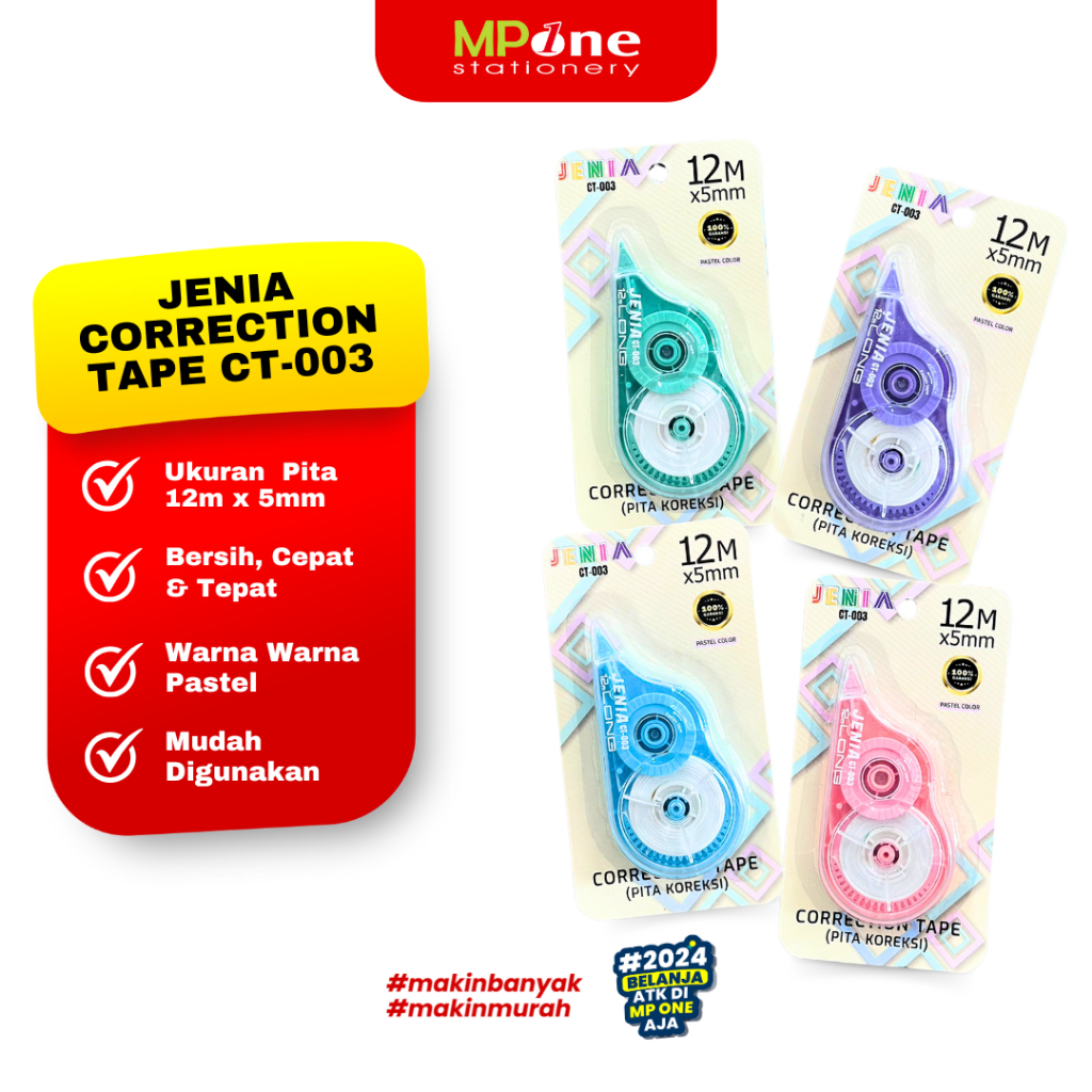 

(1 PCS) Jenia Correction Tape 12mx5mm CT-003 Warna Pastel / Tipe Ex Kertas Roll 12meter Jenia Tipe X CT003