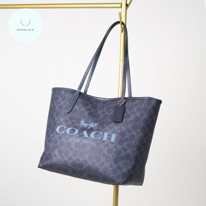 Coach City Bag Tote In Signature Canvas Silver Denim Midnight Navy , Khaki Black , Gold Tan Multi , 